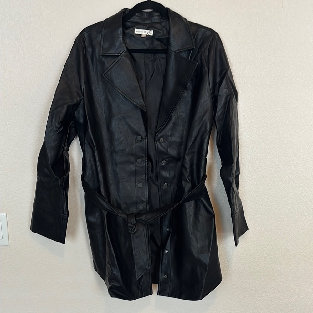 Black Faux Leather Jacket with Notched Lapel and Belted Waist